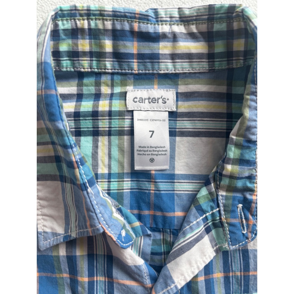 Carter's Plaid Button Down Shirt Kids Boys Size 7 Blue Green Short Sleeve Cotton - Picture 2 of 7